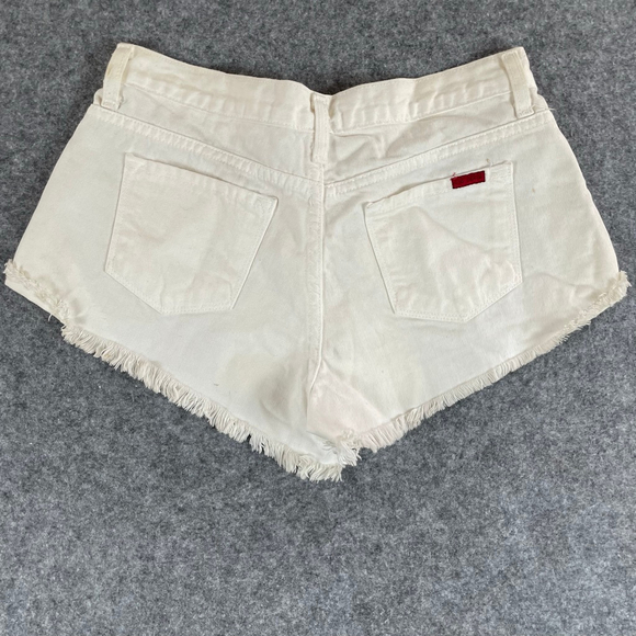 USA Flag Patch Denim Cutoff Shorts Womens L Selvedge Festival Y2K - Picture 2 of 12